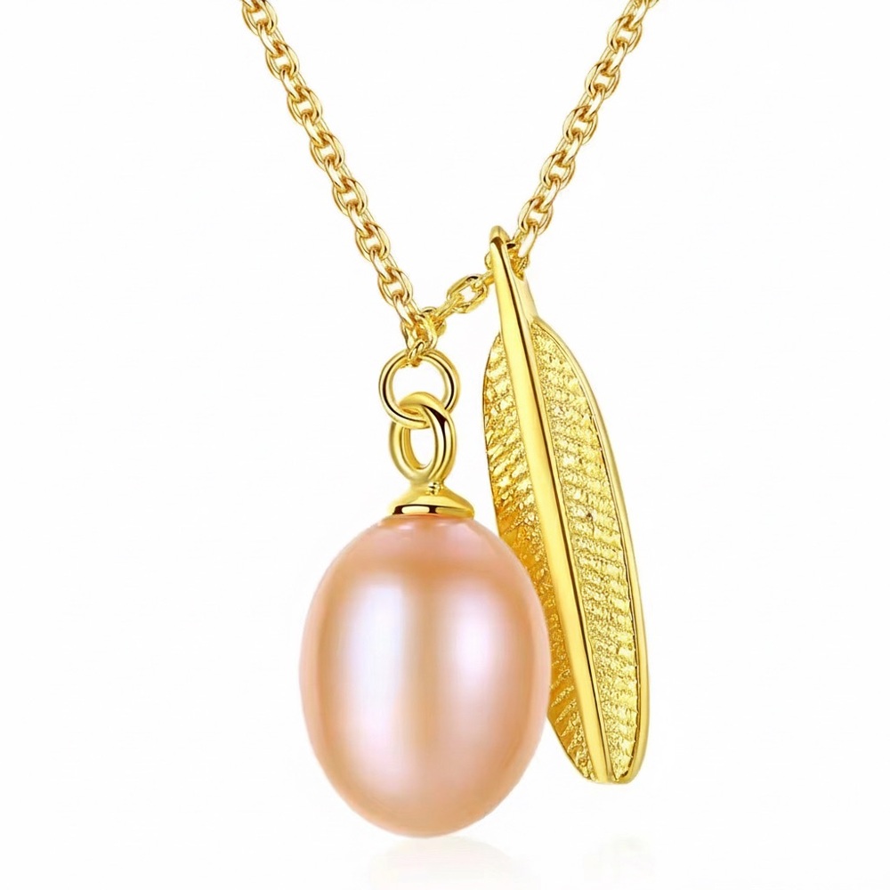 •Delicate S925 Sterling Silver Leaf Shape Natural Pearl Pendant Chain Necklace